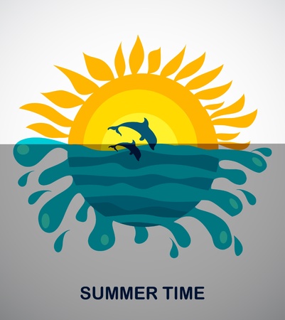 sunny view of two jumping dolphins, vector illustrationのイラスト素材