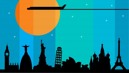 plane flying over main world citiesのイラスト素材