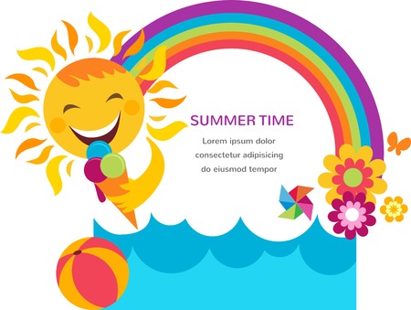 summer illustration of a happy sun, rainbow and colorful flowers. illustrationのイラスト素材
