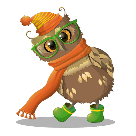 An owl wearing glasses, scarf, cap and boots.のイラスト素材