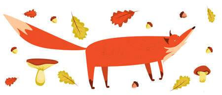 Red cartoon fox and decorations with leaves, herbs and berries, postcard template, vector illustration isolated on white backgroundのイラスト素材