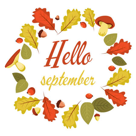 hello autumn vector illustration frame of leaves and mushroomsのイラスト素材