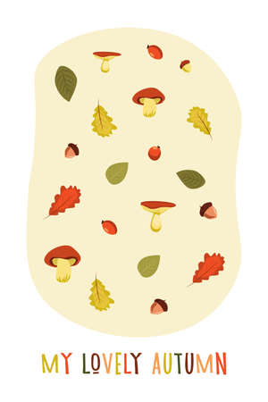 Autumn mood greeting card poster template. Welcome fall season thanksgiving invitation. Minimalist postcard nature leaves, trees, pumpkins, abstract shapes. Vector illustration in flat cartoon styleのイラスト素材