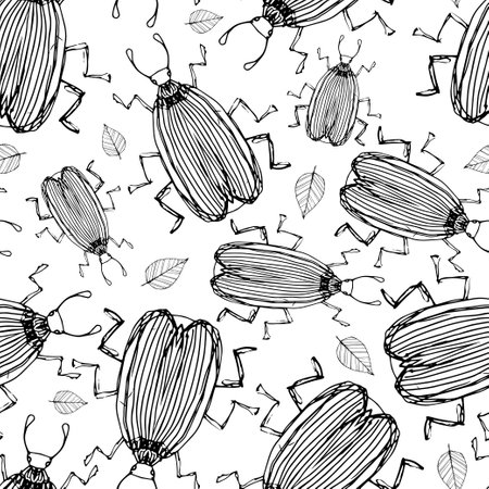 Vector background with hand-drawn illustrations of insects. Drawing fly beetle moth. Entomological seamless pattern.のイラスト素材