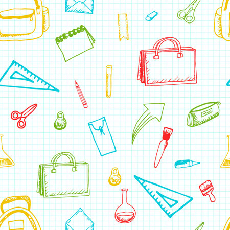 school supplies. Education supplies set. in doodle style. Vector illustration, a set of images. Briefcase brushes pencilsのイラスト素材