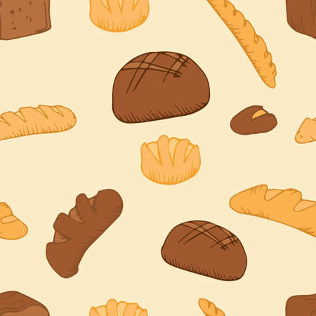 bread outline pattern. Drawing rye, whole grain and wheat bread, pretzel, muffin, pita bread, ciabatta, croissant, bagel, toast bread, French baguette for bakery menu decoration. Vector illustration.のイラスト素材
