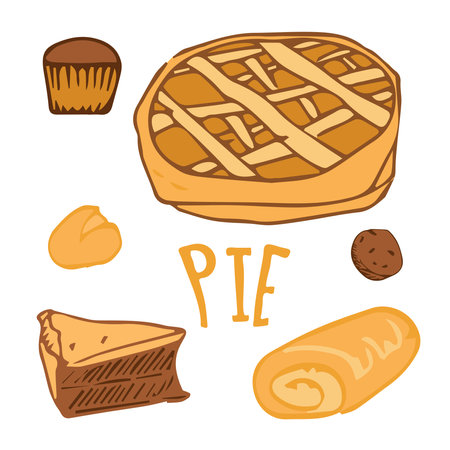 bread outline pattern. Drawing rye, whole grain and wheat bread, pretzel, muffin, pita bread, ciabatta, croissant, bagel, toast bread, French baguette for bakery menu decoration. Vector illustration.のイラスト素材