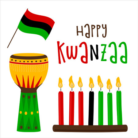 Vector collection of Happy Kwanzaa. Holiday symbols set on white backgroundのイラスト素材