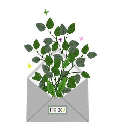 postcard, vector flower decoration design Cute envelope with flowers, plants inside and the inscription for you . A bouquet of spring flowers. Flat vector illustration of a love letter. Romantic Valentine s Day background, banner design conceptのイラスト素材