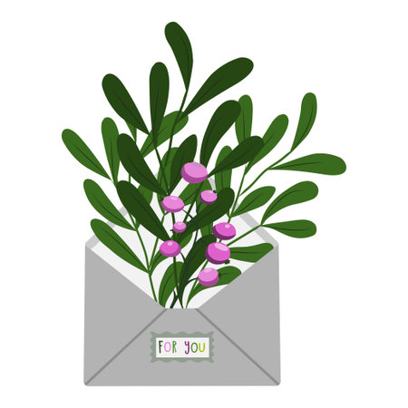 postcard, vector flower decoration design Cute envelope with flowers, plants inside and the inscription for you . A bouquet of spring flowers. Flat vector illustration of a love letter. Romantic Valentine s Day background, banner design conceptのイラスト素材