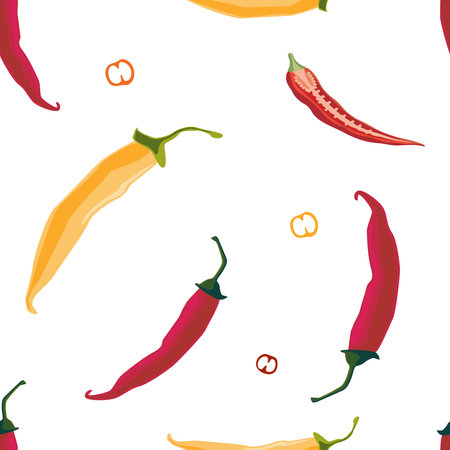 Red spicy chili pepper vegetables on yellow background seamless pattern. Vector illustration.のイラスト素材