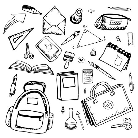 School Supplies set. Education Supplies set. in doodle style. Vector illustration, a set of images. Briefcase brushes pencilsのイラスト素材