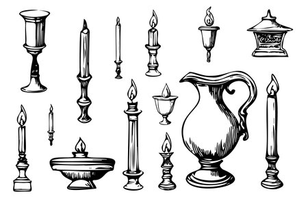 Retro writing set. Isolated flat old writing accessories sketch collection. Retro ink, antique feather pen, quill, inkwell, paper with text, book, candle, kerosene lamp. Literature vector illustrationのイラスト素材
