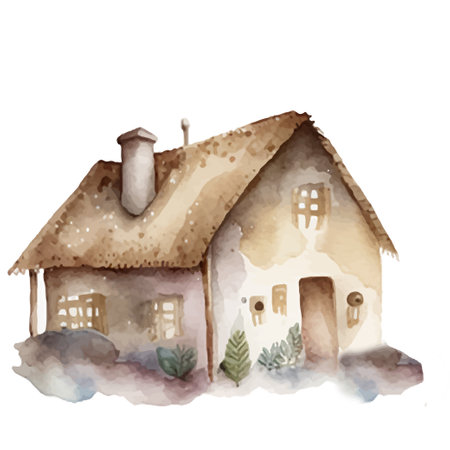 Watercolor vector illustration of a simple wooden house, rustic old one on a white backgroundのイラスト素材