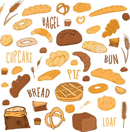 bread outline pattern. Drawing rye, whole grain and wheat bread, pretzel, muffin, pita bread, ciabatta, croissant, bagel, toast bread, French baguette for bakery menu decoration. Vector illustration.のイラスト素材
