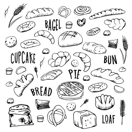 bread outline pattern. Drawing rye, whole grain and wheat bread, pretzel, muffin, pita bread, ciabatta, croissant, bagel, toast bread, French baguette for bakery menu decoration. Vector illustration.のイラスト素材