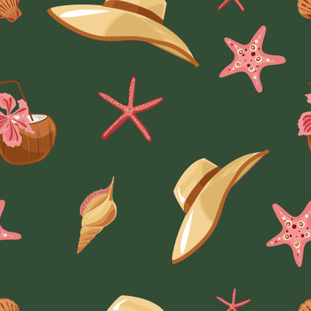 Illustration on the background of a seamless beach pattern. Hats, starfish, refreshing coconut, shell. For printing, packaging, clothingのイラスト素材