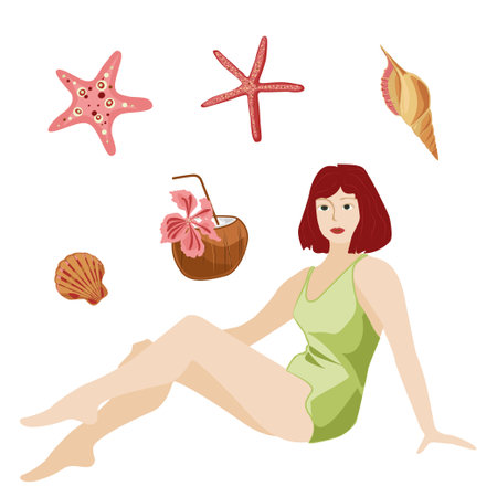 A set of cute summer icons drinks, palm leaves, plants, flowers. A gentle summer poster. A collection of scrapbooking items for a beach party.のイラスト素材