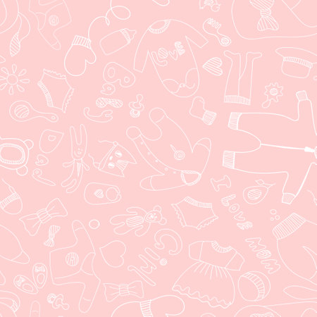 Seamless Pattern Baby Icons Boy Outline Blue And Whiteのイラスト素材