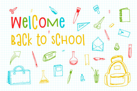 The Back to School sales vector for the promotion of retail marketing and education. Vector illustration. black white doodle hand drawnのイラスト素材