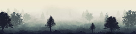 Foggy landscape with forest and individual trees. the format for the picture. landscape in the bedroom, living room. calmness.の写真素材