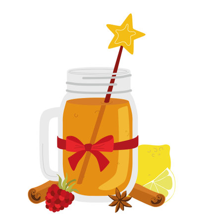 Ginger tea with lemon and mint. Vector illustration in cartoon style. A cup of hot drinkのイラスト素材