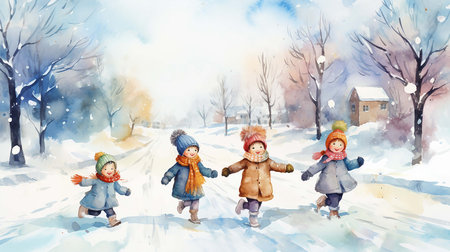 Watercolor illustration of children in the winter. Watercolor handmade.A vivid illustration for your design and decoration.の素材