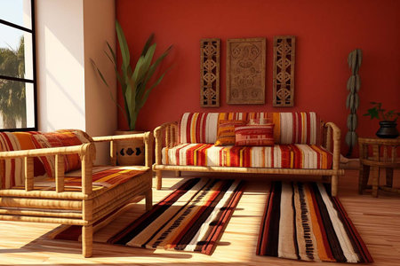 Beautiful ethno-style living room, retro-old living room, different conceptual style, different kind of living room object, interior styleの素材