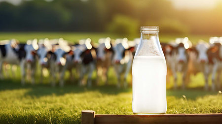Glass and bottle of fresh milk on wooden table with blur green public park background.の素材