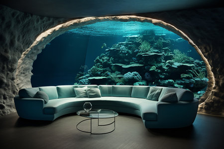 The interior of the dining table with fish in the aquarium in the restaurant. Living room under waterの素材
