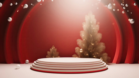 Merry Christmas text on white background with gift boxes, ribbons, red decoration, fir branches, bokeh, sparkles and confetti. Xmas and New Year greeting card, bokeh, light. Flat lay, top viewの素材