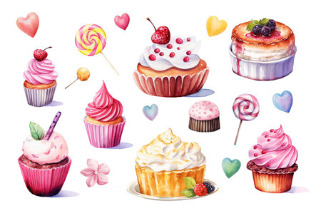 Hand drawn watercolor pink cupcake design, wallpaper, wrapping paper, sweets, gift boxes. Elements isolated on white background.の素材