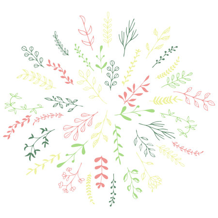 Hand drawn vector round frame. Floral wreath with leaves, berries, branches Decorative elements for design.のイラスト素材