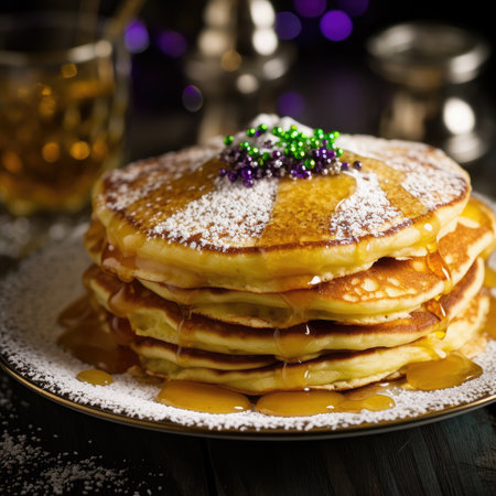 Festive cake for Mardi Gras (Fat Tuesday) holiday with decor on grey tableの素材