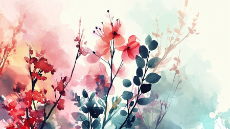 Abstract floral art background. Botanical Watercolor Flowers Design illustrations for wallpapers, banners, prints, posters, covers, greeting and invitation cards.の素材