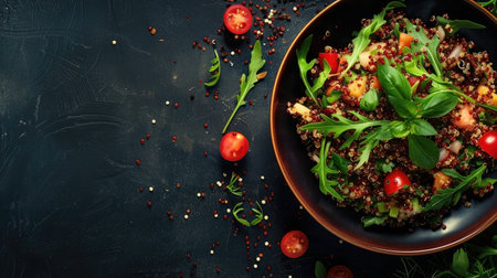 Tabbouleh salad with quinoa, tomatoes, arugula and olive oil on dark background. Top view, copy spaceの素材