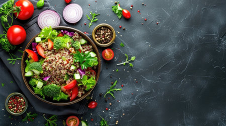 Healthy quinoa salad with vegetables on a black background. Top view, copy spaceの素材