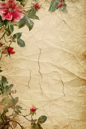 A textured piece of aged, cracked paper adorned with vintage floral motifs featuring blooming flowers and green foliage. The papers brownish, yellowish hue and the visible creases suggest antiquity and delicate preservation.の素材