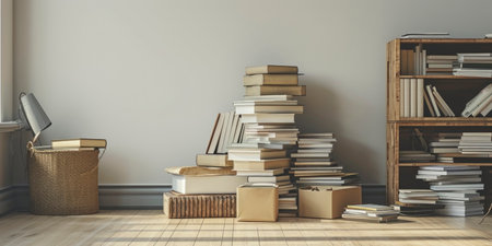 A peaceful corner of a room is bathed in soft sunlight filtering through a window, creating shadows on the wall. Stacks of books and cardboard boxes are neatly arranged on the wooden floor, suggesting a space of transition or storage.の素材