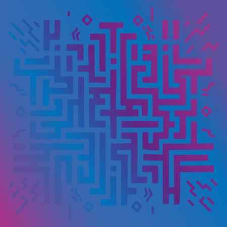 A colorful geometric maze pattern features intricate lines and shapes in shades of blue and pink. The design creates a visually engaging contrast with the smooth gradient background.のイラスト素材