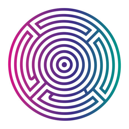 A vibrant circular maze features intricate concentric lines winding towards the center. The pattern displays a gradient of colors from purple to teal against a clean white background.のイラスト素材