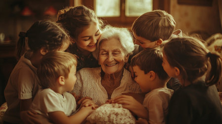 A joyful grandmother surrounded by children during a family gathering in a cozy living room settingの素材
