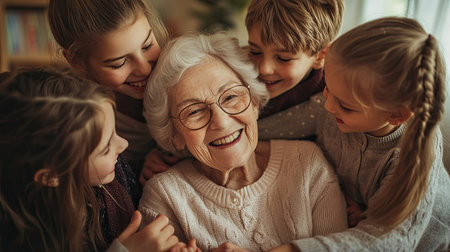 Grandmother enjoying joyful moments with her grandchildren in a cozy living room during winterの素材