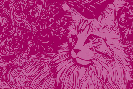 Artistic illustration of a cat surrounded by floral patterns and swirls in vibrant pink tonesのイラスト素材