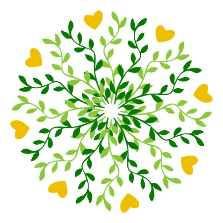 Intricate circular design featuring green leaves and yellow hearts in a vibrant patternのイラスト素材