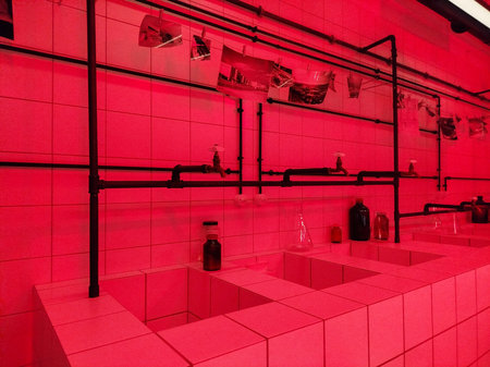 Innovative design of a red-lit industrial space