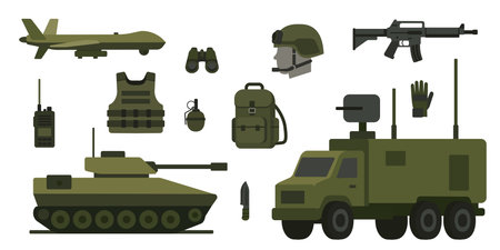 Military equipment and supplies arranged on a white background showcasing tactical itemsのイラスト素材
