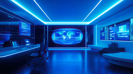 High-tech office with blue lightingの素材