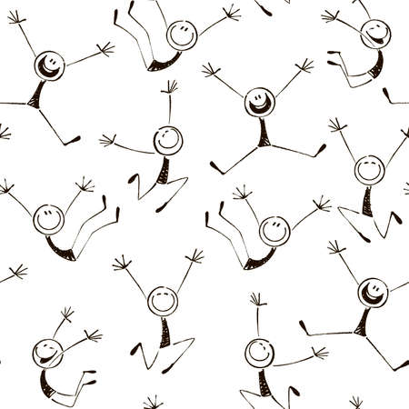 Seamless hand-painted pattern from happy stick figures.Vector textureのイラスト素材