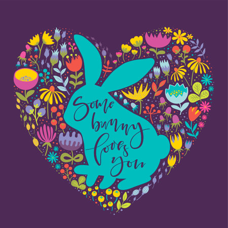 Card with a rabbit silhouette and a heart of flowers.Vector illustrationのイラスト素材